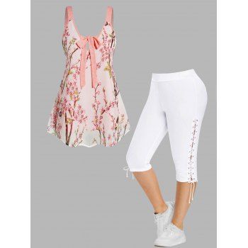 

Plus Size Peach Blossom Print Chiffon Overlay Bowknot Tank Top And Lace Up Eyelet Capri Leggings Casual Outfit, Multicolor a