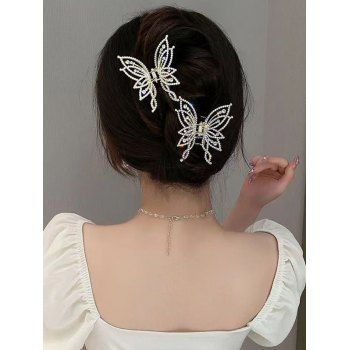 

2 Pcs Faux Pearl Rhinestone Hollow Out Butterfly Shaped Elegance Hair Claws, Golden