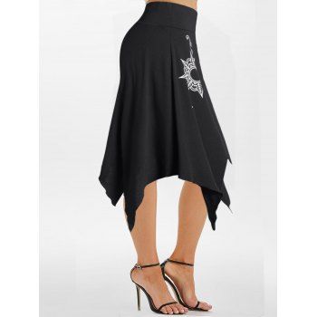 

Flower Print Skirt Layered Asymmetrical Hem Elastic Waist Midi Skirt, Black