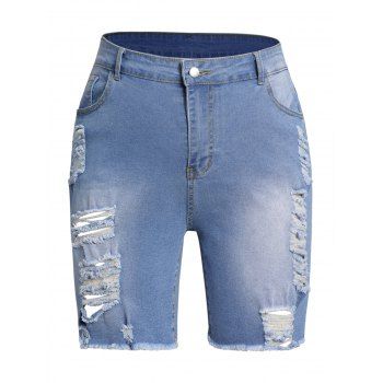 

Plus Size Jeans Shorts Distressed Zipper Fly Multi Pockets Frayed Hem Denim Shorts, Light blue