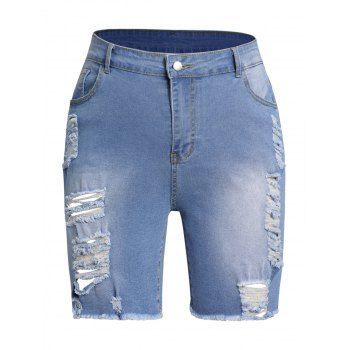 

Plus Size Jeans Shorts Distressed Zipper Fly Multi Pockets Frayed Hem Denim Shorts, Light blue