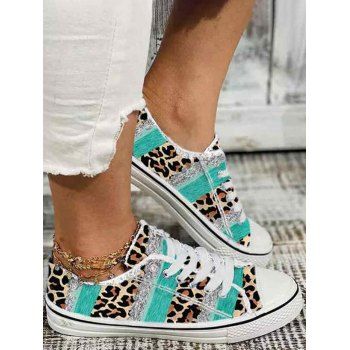 

Colorblock Leopard Print Frayed Hem Lace Up Flat Platform Canvas Shoes, Multicolor a