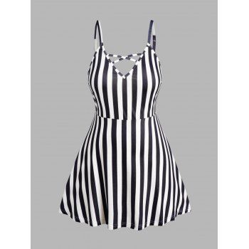 

Plus Size Tank Top Striped Print Crisscross High Waisted Long Tank Top, Black