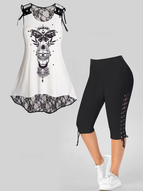 Plus Size Butterfly Sun Moon Print Lace Panel High Low Hem Tank Top And Lace Up Eyelet Capri Leggings Casual Outfit - BLACK 