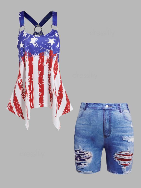 Plus Size American Flag Print Handkerchief Irregular Hem Tank Top And 3D Star Striped Print Jeggings Shorts Patriotic Outfit - multicolor A S