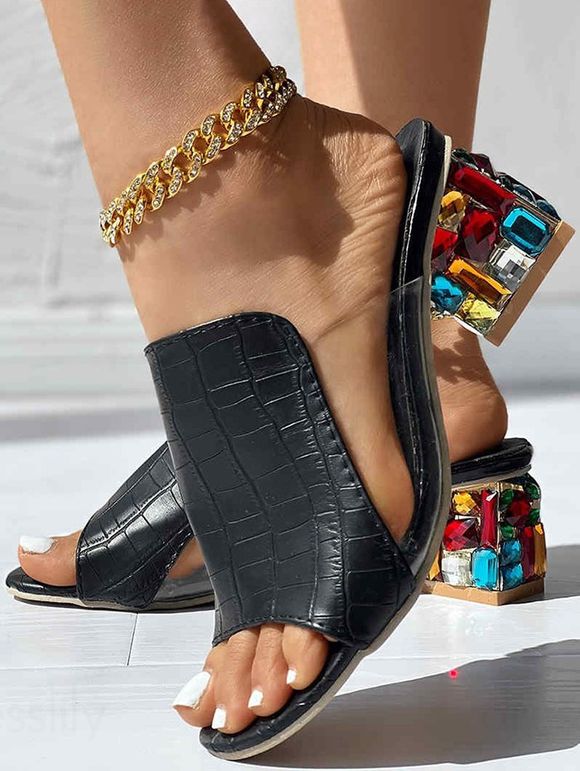 Embossed Colored Artificial Crystal Chunky Heels Slip On Outdoor Sandals - Noir EU 37