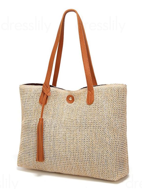 Sac à Epaule de Plage Manche Contrasté en Paille à Frange - café 