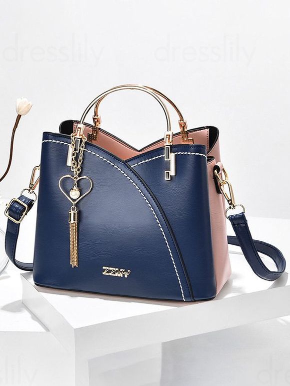 Sac à Bandoulière en Blocs de Couleurs Embelli de Chaîne Cœur à Frange en PU - Bleu 