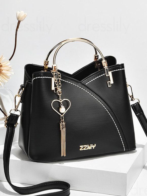 Sac à Bandoulière en Blocs de Couleurs Embelli de Chaîne Cœur à Frange en PU - Noir 