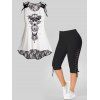 Plus Size Butterfly Sun Moon Print Lace Panel High Low Hem Tank Top And Lace Up Eyelet Capri Leggings Casual Outfit - BLACK 