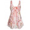 Plus Size Peach Blossom Print Chiffon Overlay Bowknot Tank Top And Lace Up Eyelet Capri Leggings Casual Outfit - multicolor A 