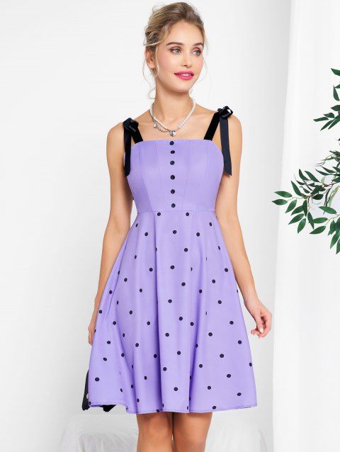 Polka Dots Print Vintage Dress Tie Knot Shoulder Mock Button Cami Dress