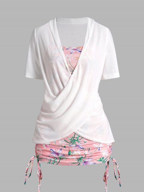 Flower Leaf Print Faux Twinset T Shirt Crossover Cinched Long Twofer Tee