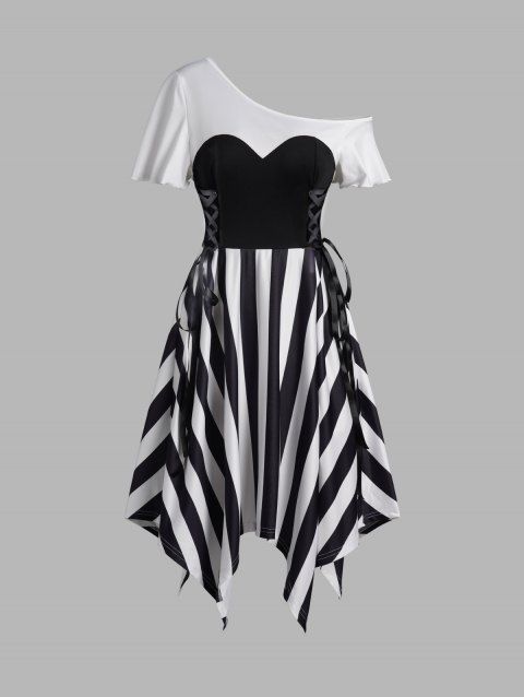 Contrast Stripe Asymmetric Dress Colorblock Lace Up Skew Collar Short Sleeve Midi Dress