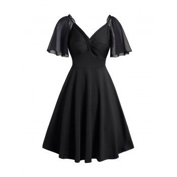 

Solid Color Twist Plunge Mini Dress Lace Flutter Sleeve Ruffles Dress, Black
