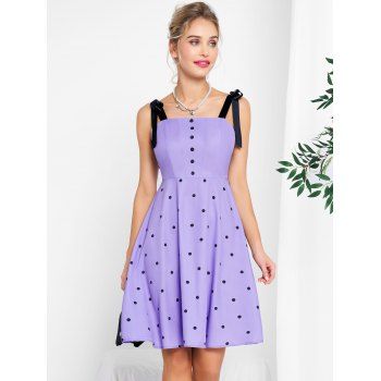 

Polka Dots Print Vintage Dress Tie Knot Shoulder Mock Button Cami Dress, Purple