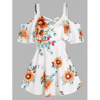 

Sunflower Print Cold Shoulder Blouse Flounce Crisscross Short Sleeve Casual Blouse, White