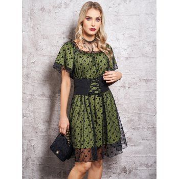 

Floral Pattern Mesh Overlay Mini Dress Ruffles Short Sleeve Lace-up Belt Dress, Deep green