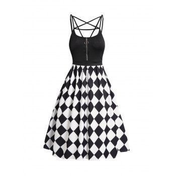 

Checkerboard Print Cami Dress O Ring Zipper Crisscross Spaghetti Strap Dress, Black