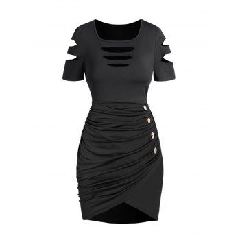 

Ripped Ruched Tulip Hem Mini Sheath Dress Mock Button Solid Color Short Sleeve Dress, Black