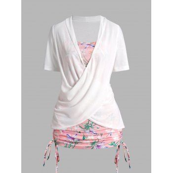 

Flower Leaf Print Faux Twinset T Shirt Crossover Cinched Long Twofer Tee, White