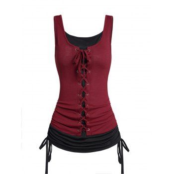

Contrast Colorblock Tank Top Lace Up Cinched Ruched Long Tank Top, Black