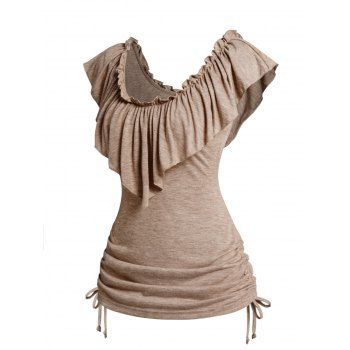 

Ruched Cinched Heathered Tank Top Ruffles Flounce Scoop Neck Casual Tank Top, Coffee