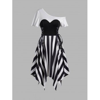 

Contrast Stripe Asymmetric Dress Colorblock Lace Up Skew Collar Short Sleeve Midi Dress, Black