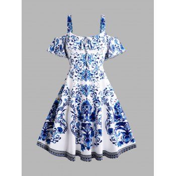 

Plus Size & Curve Dress Ceramic Flower Print Cold Shoulder Short Sleeve Tied Knot Midi Dress, Blue
