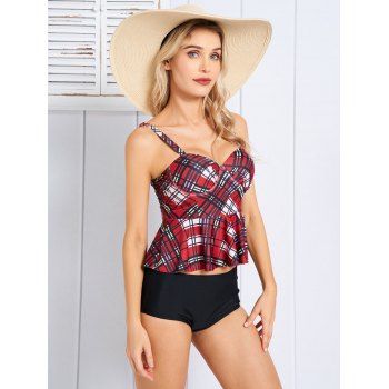 

Plaid Tankini Swimsuit Underwire Adjustable Strap Flounce Tankini Two Piece Swimwear Cut Out Bathing Suit, Deep red