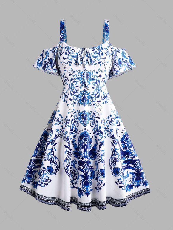 Robe Mi-Longue Plissée à Imprimé Fleur Nouée à Epaule Dénudée Courbe de Grande Taille - Bleu 2XL