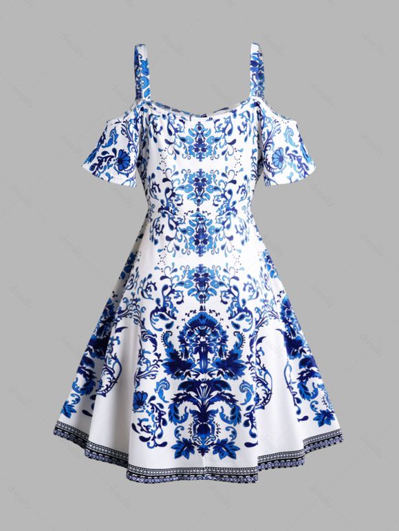 Robe Mi-Longue Plissée à Imprimé Fleur Nouée à Epaule Dénudée Courbe de Grande Taille - Bleu 1XL