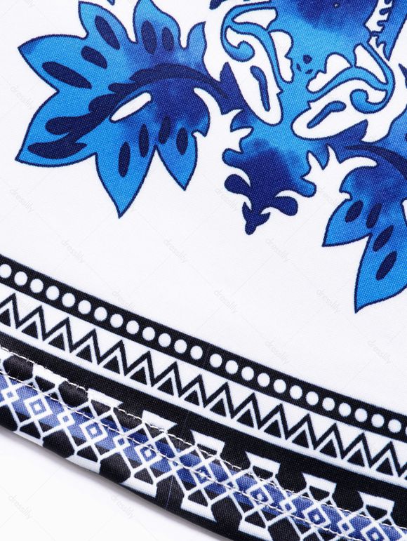 Robe Mi-Longue Plissée à Imprimé Fleur Nouée à Epaule Dénudée Courbe de Grande Taille - Bleu 1XL