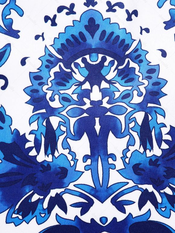 Robe Mi-Longue Plissée à Imprimé Fleur Nouée à Epaule Dénudée Courbe de Grande Taille - Bleu 1XL