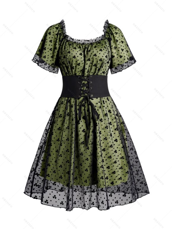 Mini Robe Courte Volantée en Tulle Florale à Manches Courtes avec Ceinture à Lacets - Vert profond S