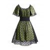 Mini Robe Courte Volantée en Tulle Florale à Manches Courtes avec Ceinture à Lacets - Vert profond S