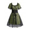 Mini Robe Courte Volantée en Tulle Florale à Manches Courtes avec Ceinture à Lacets - Vert profond M