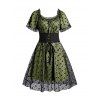 Mini Robe Courte Volantée en Tulle Florale à Manches Courtes avec Ceinture à Lacets - Vert profond L