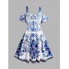 Robe Mi-Longue Plissée à Imprimé Fleur Nouée à Epaule Dénudée Courbe de Grande Taille - Bleu 2XL | US 18