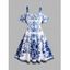 Robe Mi-Longue Plissée à Imprimé Fleur Nouée à Epaule Dénudée Courbe de Grande Taille - Bleu 4XL | US 22