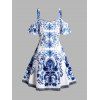 Robe Mi-Longue Plissée à Imprimé Fleur Nouée à Epaule Dénudée Courbe de Grande Taille - Bleu 4XL | US 22