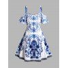 Robe Mi-Longue Plissée à Imprimé Fleur Nouée à Epaule Dénudée Courbe de Grande Taille - Bleu 1XL