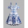 Plus Size & Curve Dress Ceramic Flower Print Cold Shoulder Short Sleeve Tied Knot Midi Dress - BLUE 5X