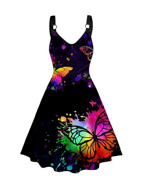Plus Size Dress Butterfly Splash Painting Print V Neck O-ring Strap A Line Midi Dress