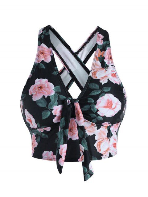 Flower Print Tankini Swimsuit Top Bowknot Tied Crossover Padded Swimwear Top