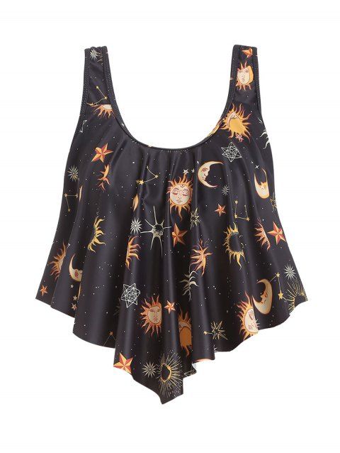 Sun Moon Star Print Swimsuit Top Pointed Hem Padded Tankini Swimwear Top