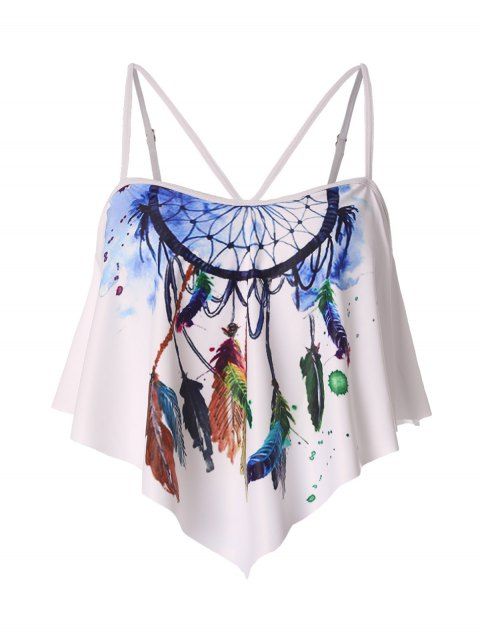 Top de Maillot de Bain à Imprimé Plume Matelassé à Bretelle Fine à Volants