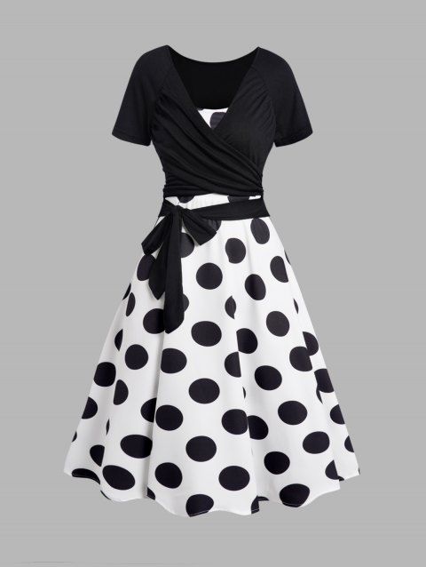 Polka Dots Print Sleeveless A Line Midi Dress And Crossover Bowknot Tied Plain Cropped Top Set