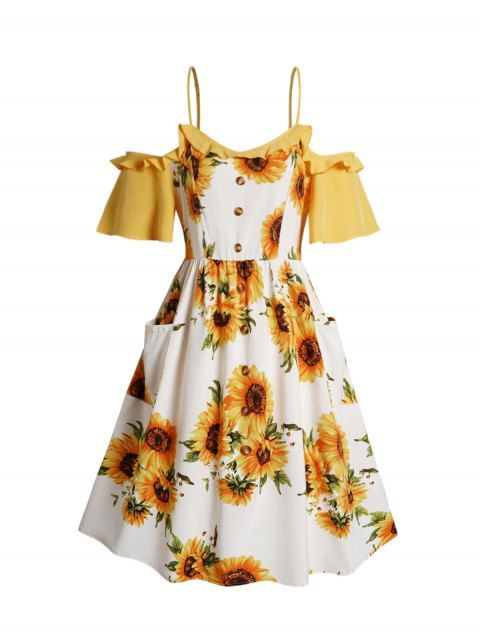 Plus Size Midi Dress Two Tone Color Sunflower Print Cold Shoulder Ruffle Mock Button Patch Design A Line Dress