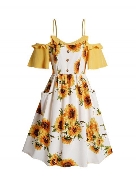 Robe Mi-Longue Bicolore à Imprimé Tournesol à Epaule Dénudée Faux Bouton de Grande Taille